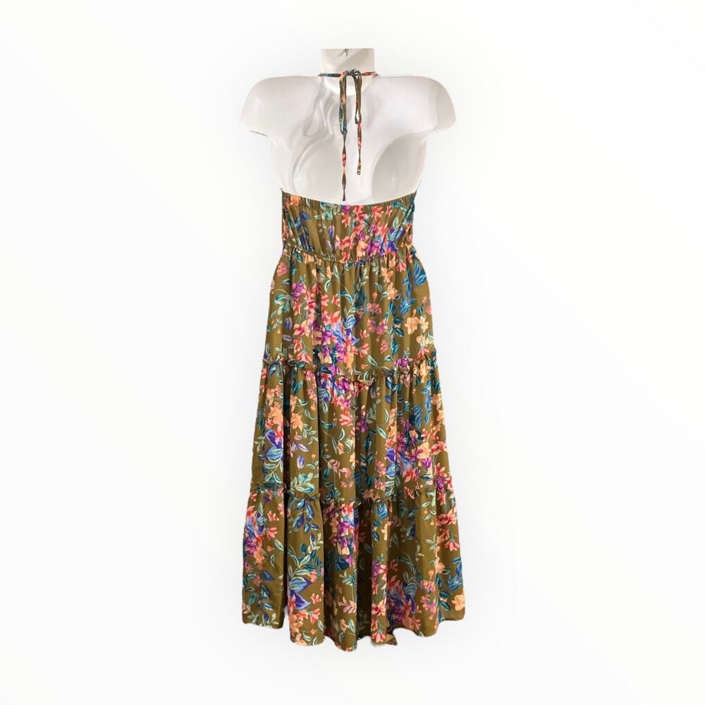 Mine Women’s Olive Floral Halter Flowy Open Back Midi Sun Dress Boho Charm SZ S - Picture 3 of 8